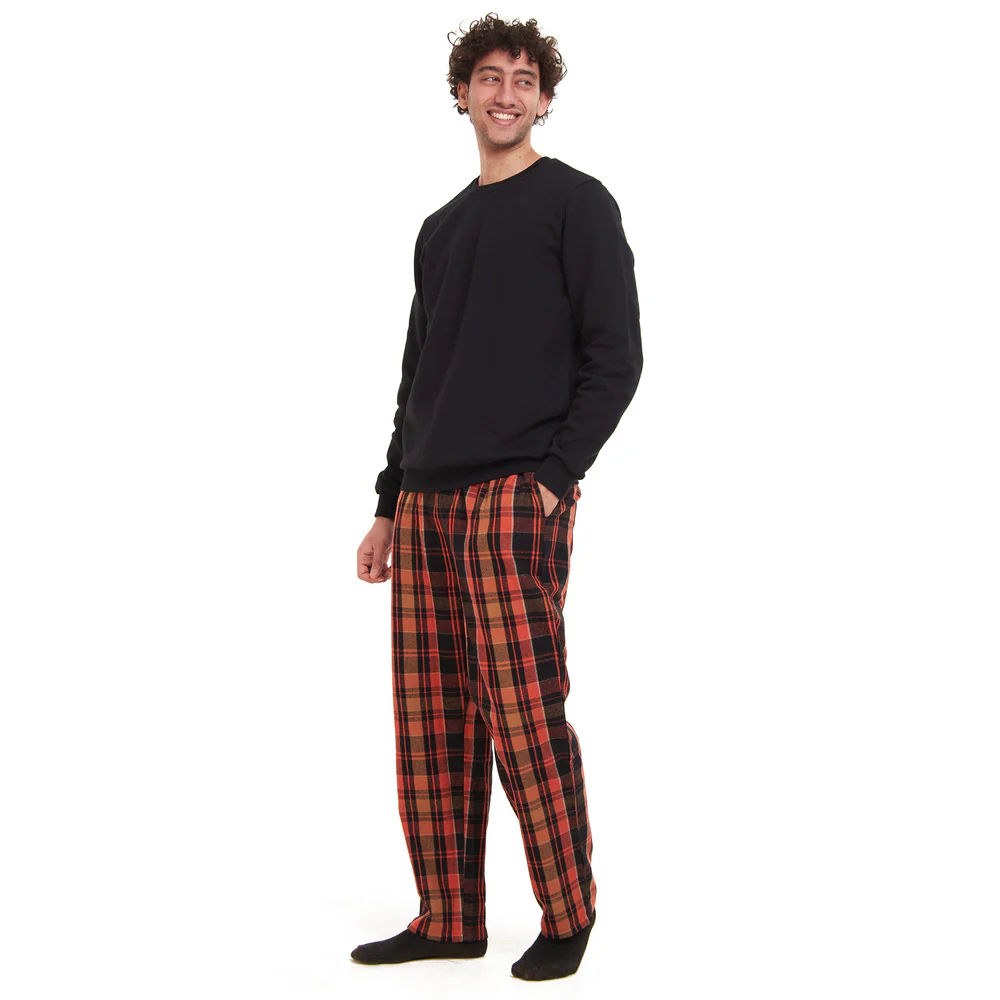 Men Winter Pajama Set Black Sweatshirt + Orange x Black Checkered Pants - Image 3