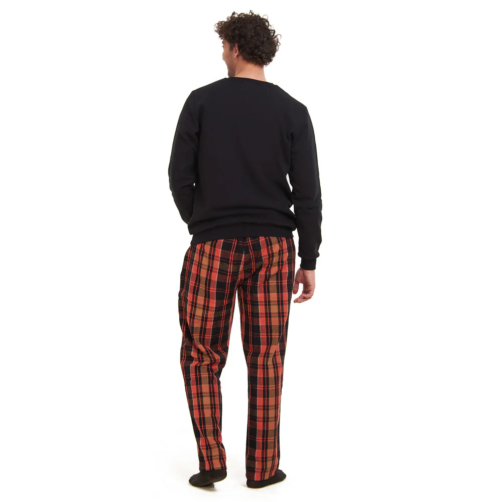 Men Winter Pajama Set Black Sweatshirt + Orange x Black Checkered Pants - Image 4