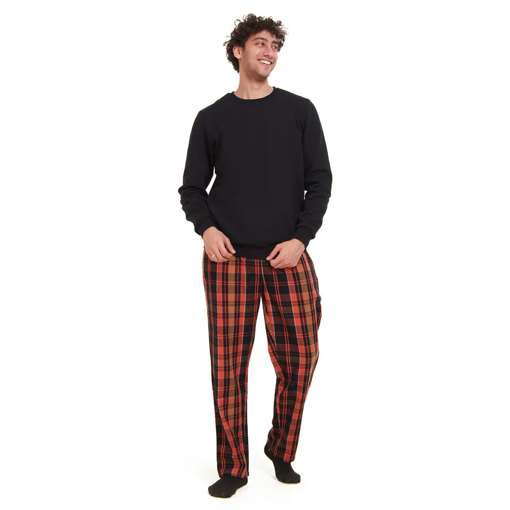 Men Winter Pajama Set Black Sweatshirt + Orange x Black Checkered Pants - Image 5