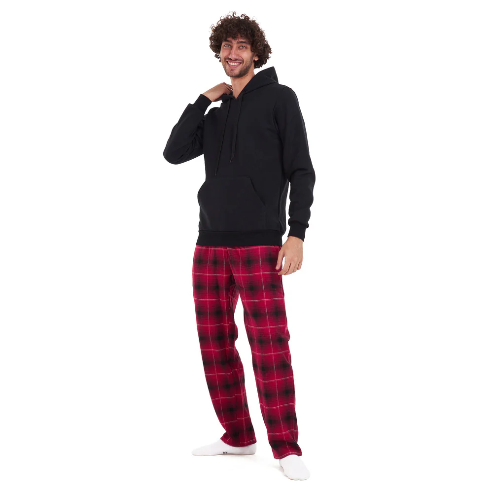 Men Winter Pajama Set Black sweatshirt +Red checkered Pants - Image 2