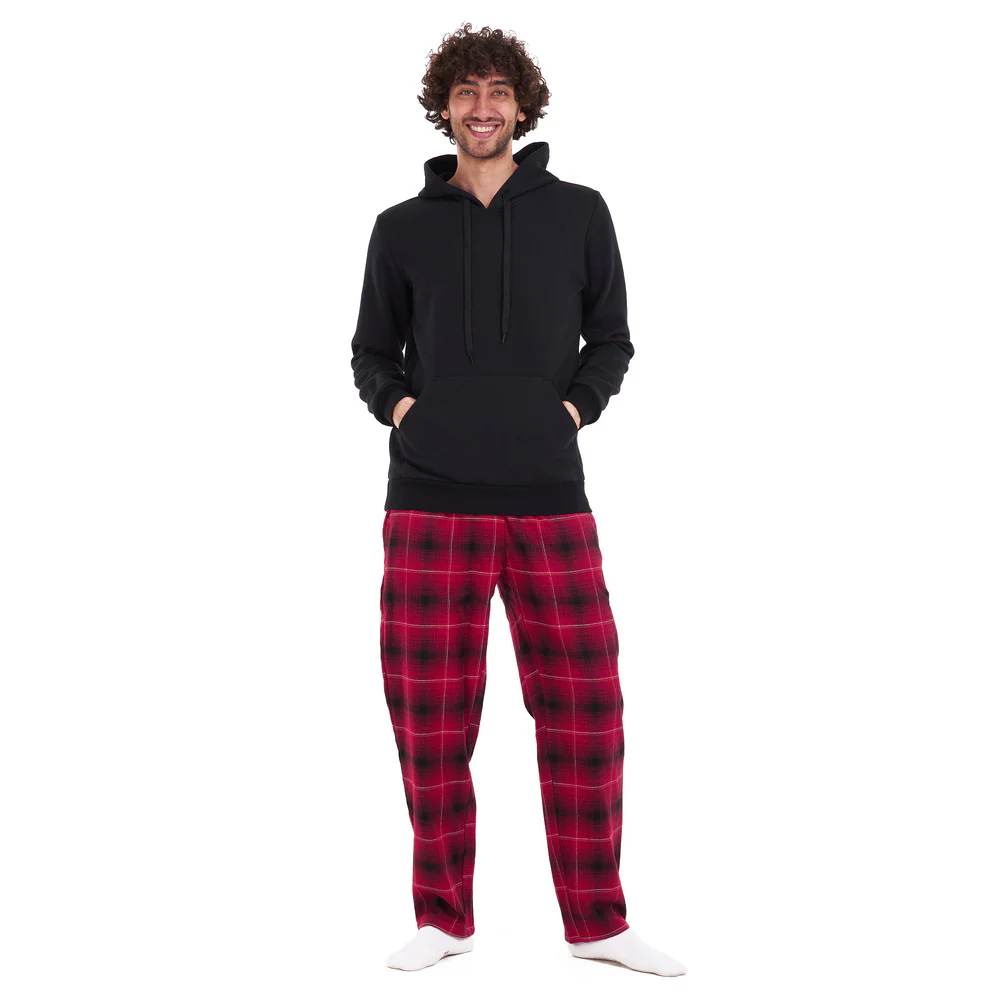 Men Winter Pajama Set Black sweatshirt +Red checkered Pants - Image 3