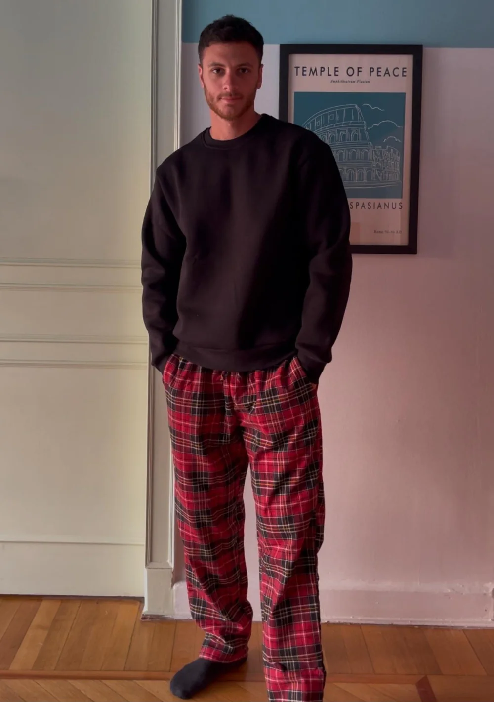 Men Winter Pajama Set Black sweatshirt + Red x Black Checkered Pants - Image 2