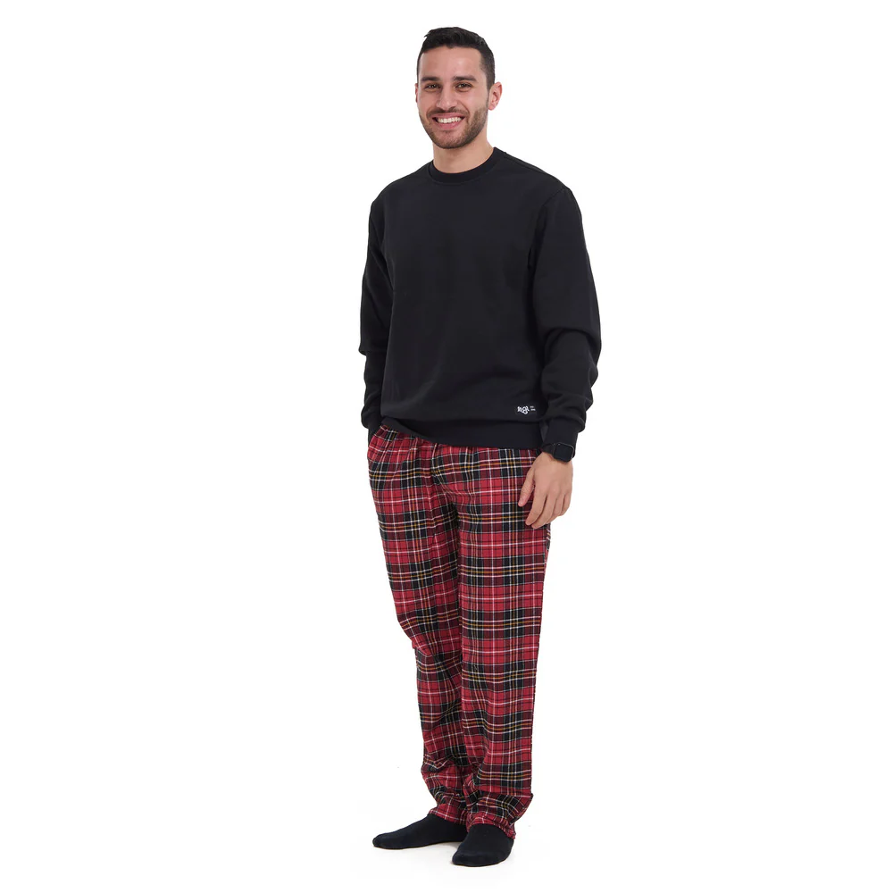 Men Winter Pajama Set Black sweatshirt + Red x Black Checkered Pants - Image 3