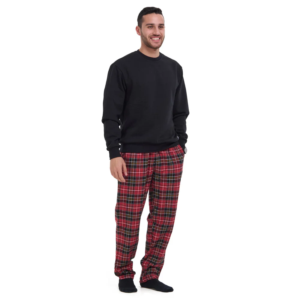 Men Winter Pajama Set Black sweatshirt + Red x Black Checkered Pants - Image 4