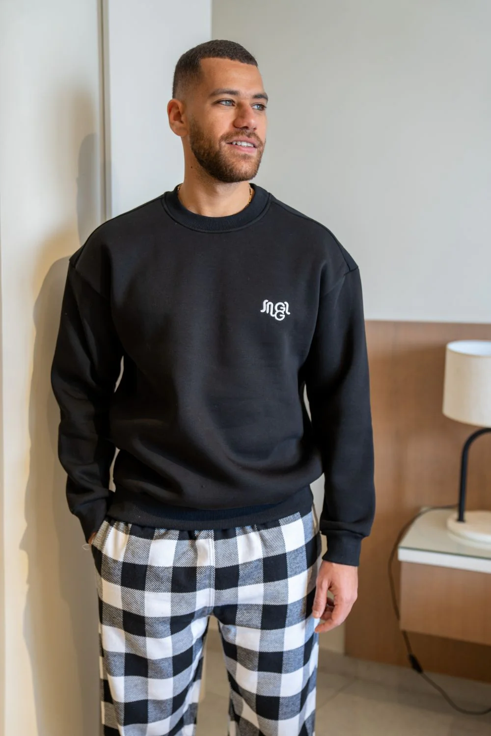 Men Winter Pajama Set Black sweatshirt + White X Black Checkered Pants - Image 2