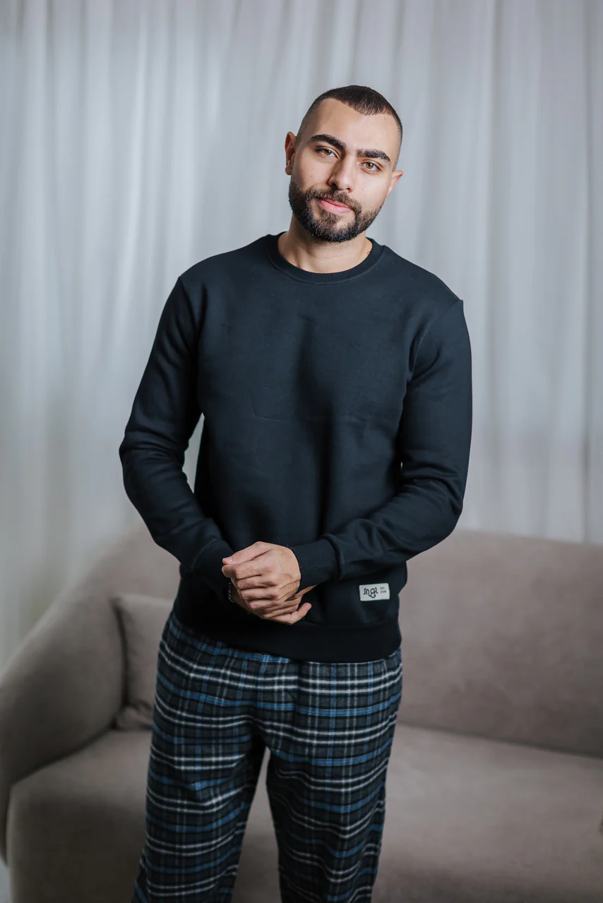 Men Winter Pajama Set Black T-shirt + Black x Gray Checkered pants - Image 2