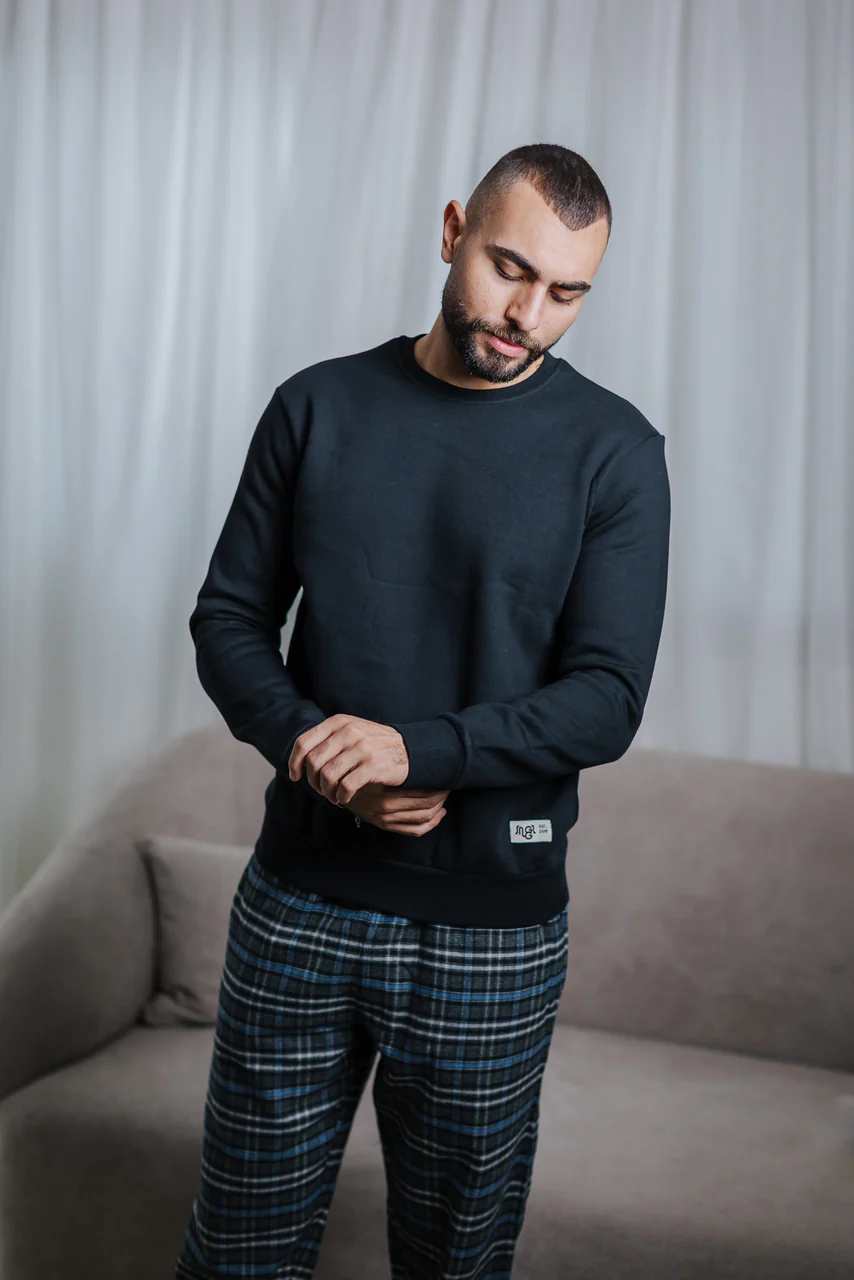Men Winter Pajama Set Black T-shirt + Black x Gray Checkered pants - Image 3