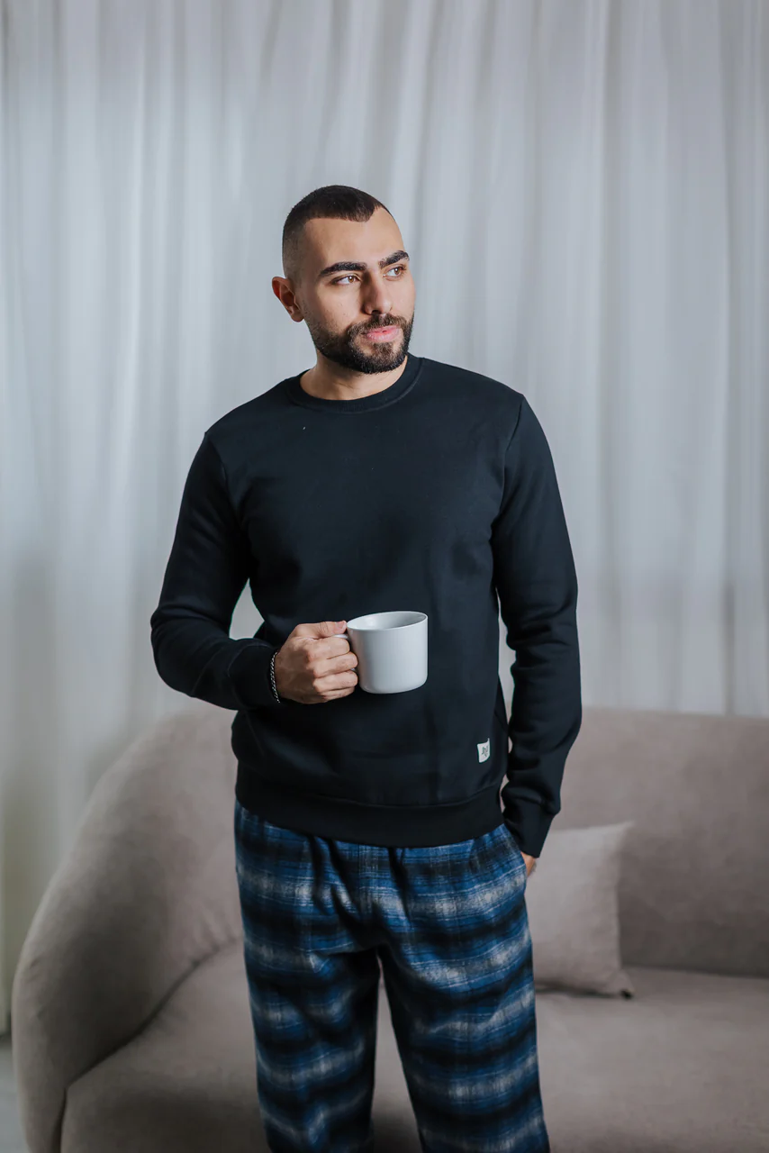 Men Winter Pajama Set Black T-shirt + Grey x Off-white Checkered Pants - Image 3