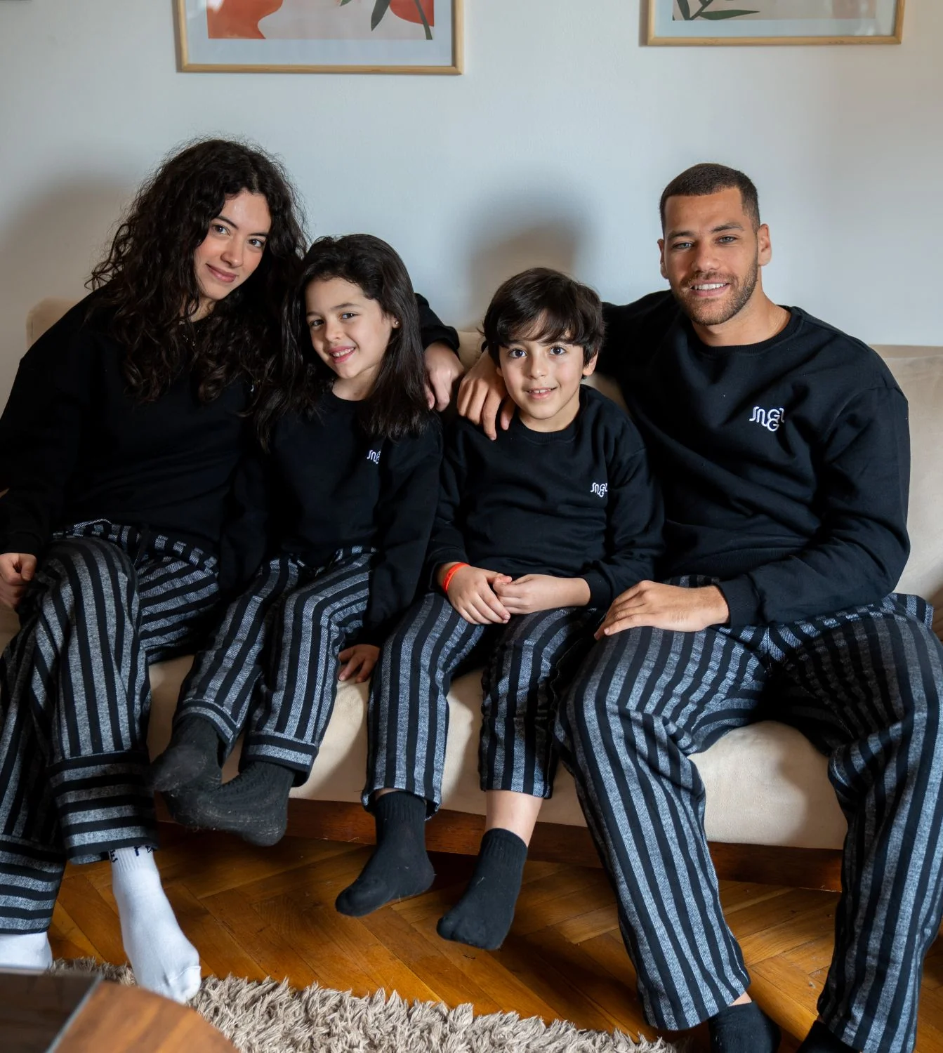 Men Winter Pajama Set Black Top + Stripe Pants - Image 2