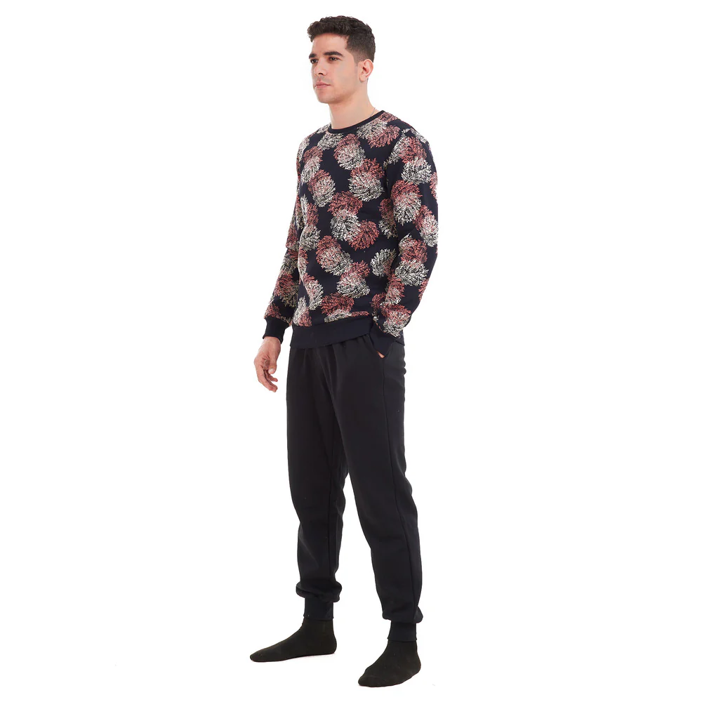 Men Winter Pajama Set Black with cashmere leaves  Shirt + Black Pants - Image 2