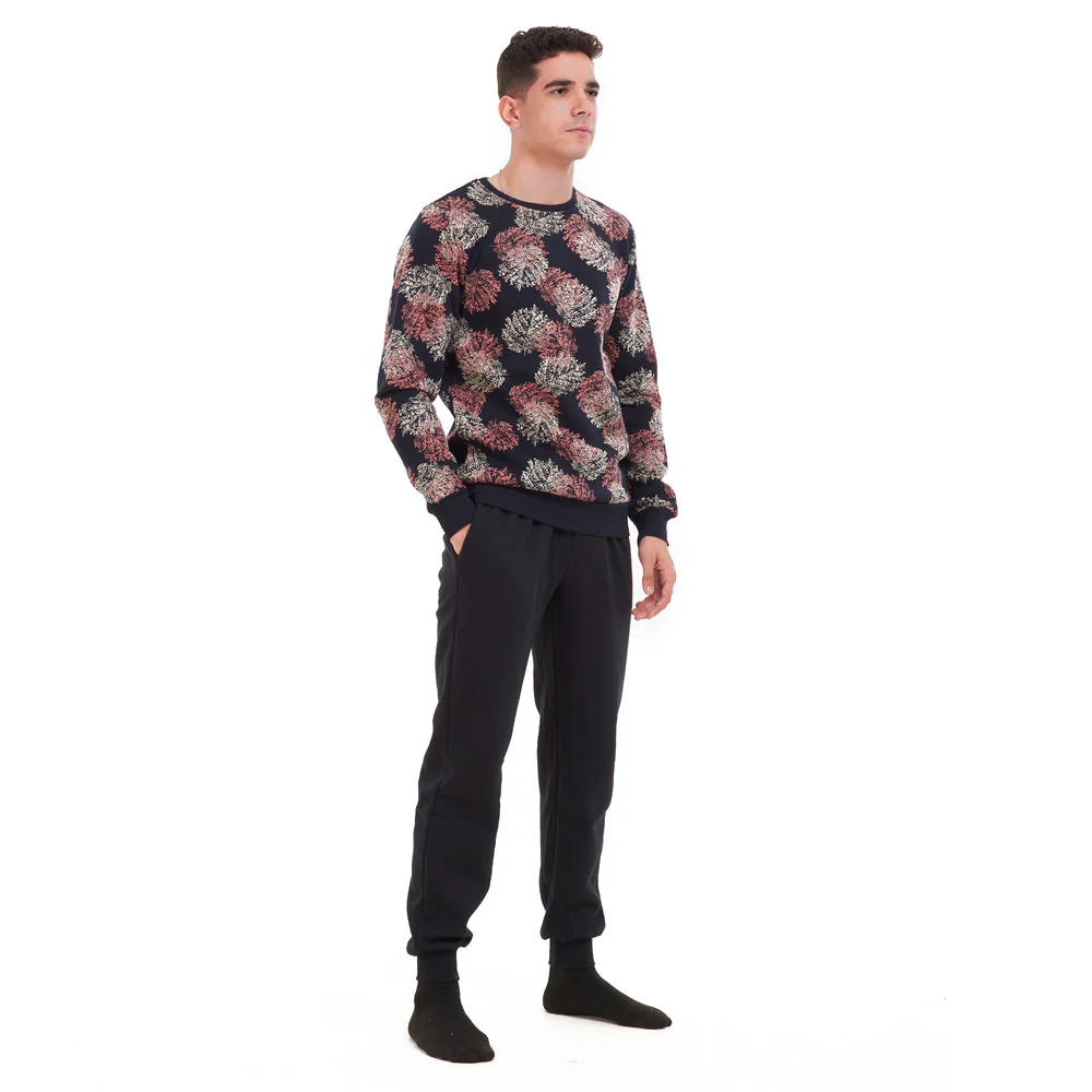 Men Winter Pajama Set Black with cashmere leaves  Shirt + Black Pants - Image 3