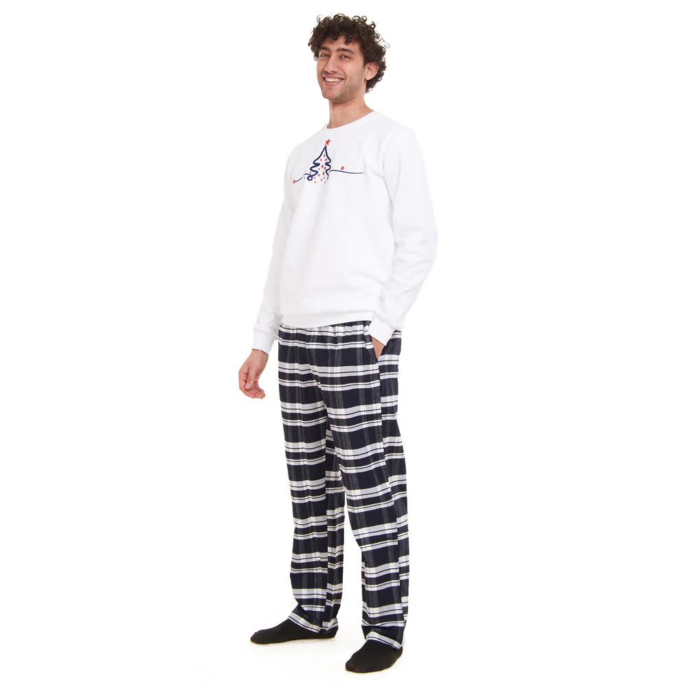 Men Winter Pajama Set Christmas Tree Sweatshirt +Dark Blue X White Checkered Pants - Image 2
