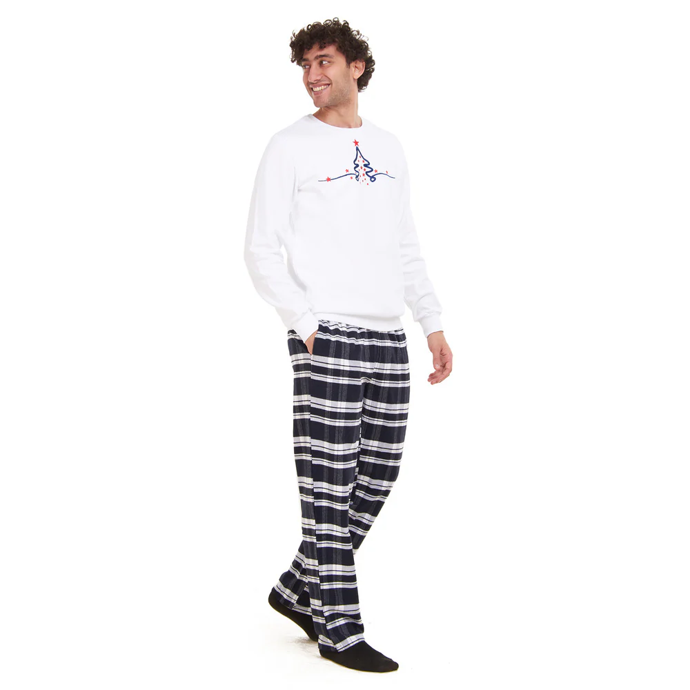 Men Winter Pajama Set Christmas Tree Sweatshirt +Dark Blue X White Checkered Pants - Image 3