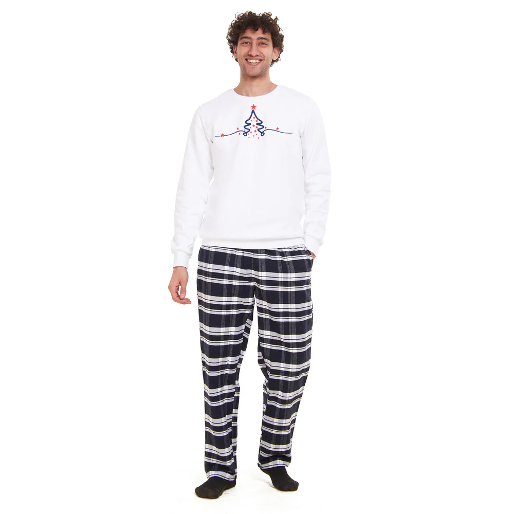 Men Winter Pajama Set Christmas Tree Sweatshirt +Dark Blue X White Checkered Pants - Image 5