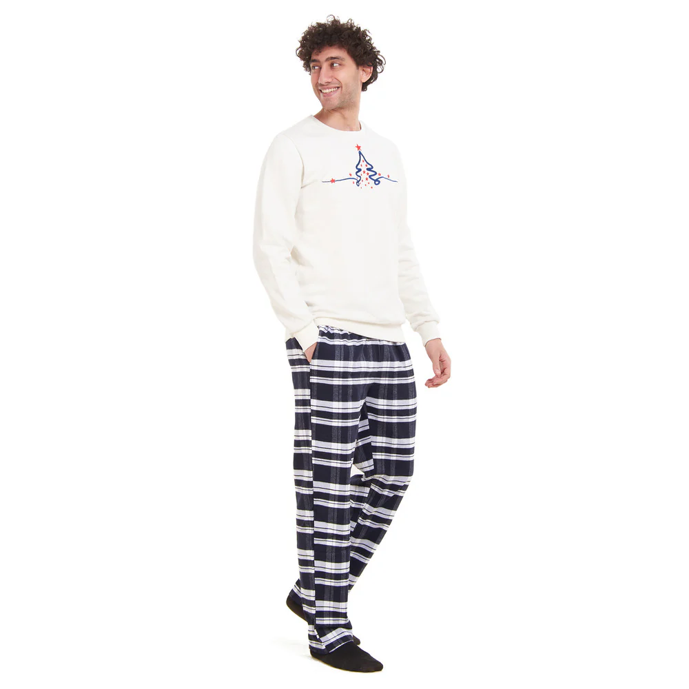 Men Winter Pajama Set Christmas Tree Sweatshirt +Dark Blue X White Checkered Pants - Image 2