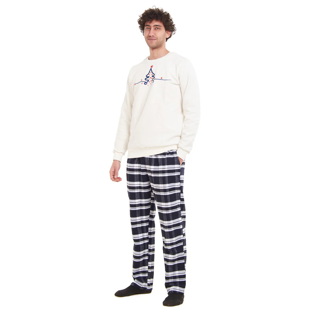 Men Winter Pajama Set Christmas Tree Sweatshirt +Dark Blue X White Checkered Pants - Image 4