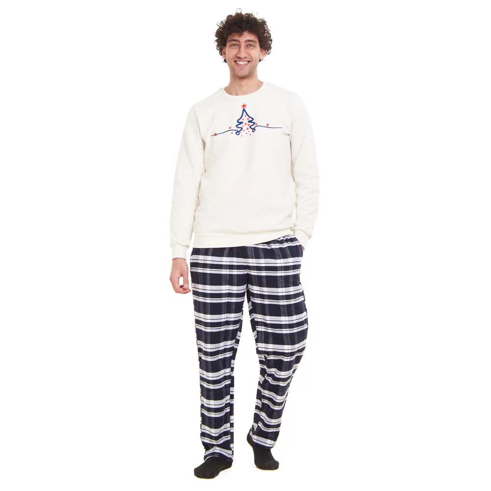 Men Winter Pajama Set Christmas Tree Sweatshirt +Dark Blue X White Checkered Pants - Image 5