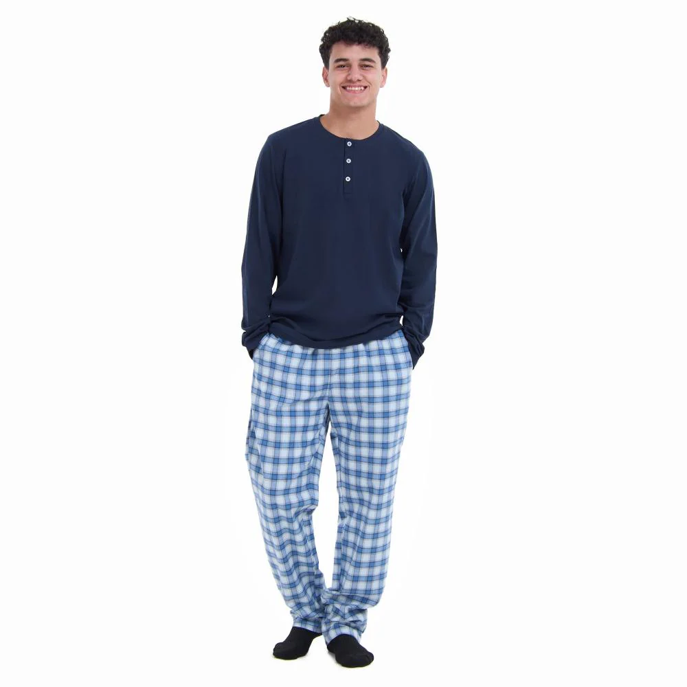 Men Fall Pajama Set Dark Blue Buttoned Sweatshirt + Light grey x Blue checkered Pants