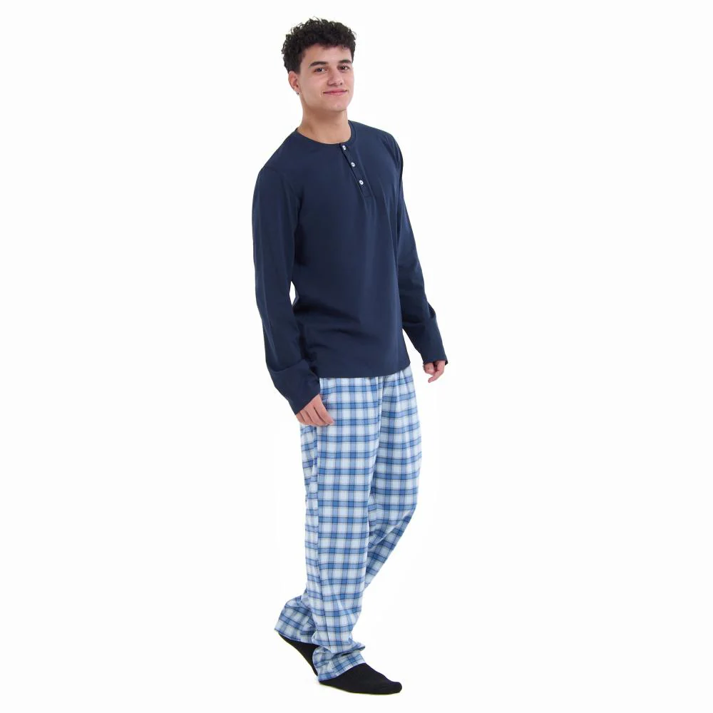 Men Fall Pajama Set Dark Blue Buttoned Sweatshirt + Light grey x Blue checkered Pants - Image 2
