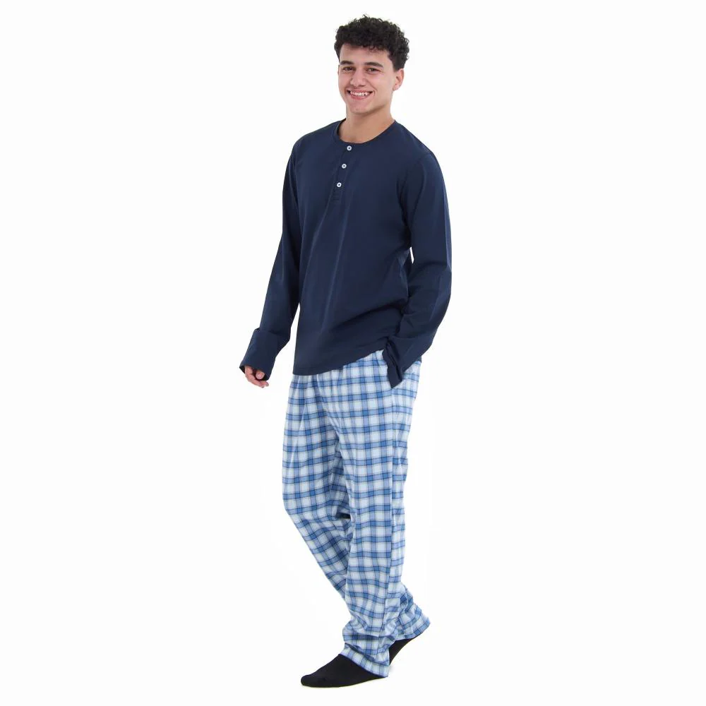 Men Fall Pajama Set Dark Blue Buttoned Sweatshirt + Light grey x Blue checkered Pants - Image 3