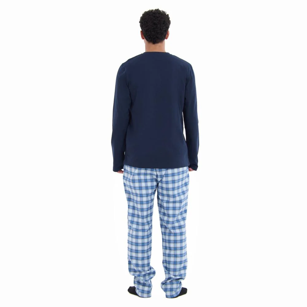 Men Fall Pajama Set Dark Blue Buttoned Sweatshirt + Light grey x Blue checkered Pants - Image 4