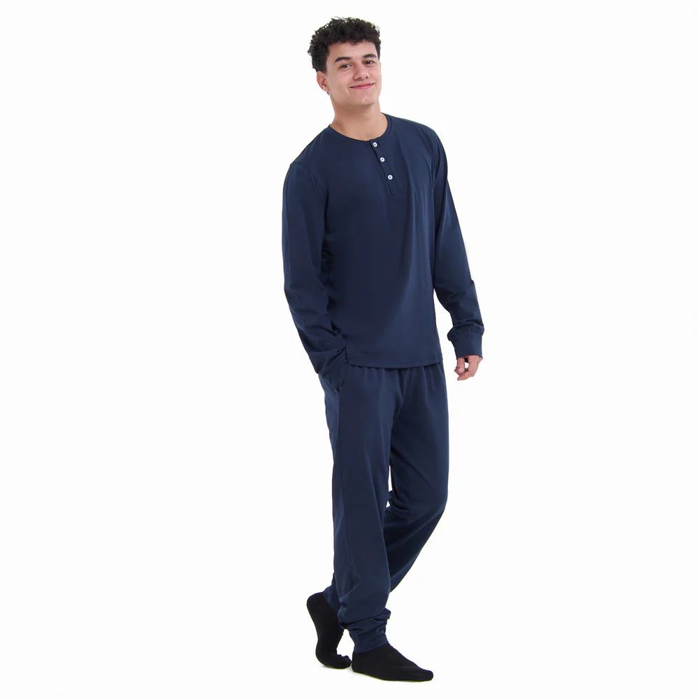 Men Fall Pajama Set Dark Blue Buttoned Sweatshirt + Pants - Image 2