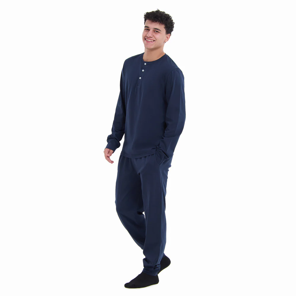 Men Fall Pajama Set Dark Blue Buttoned Sweatshirt + Pants - Image 3
