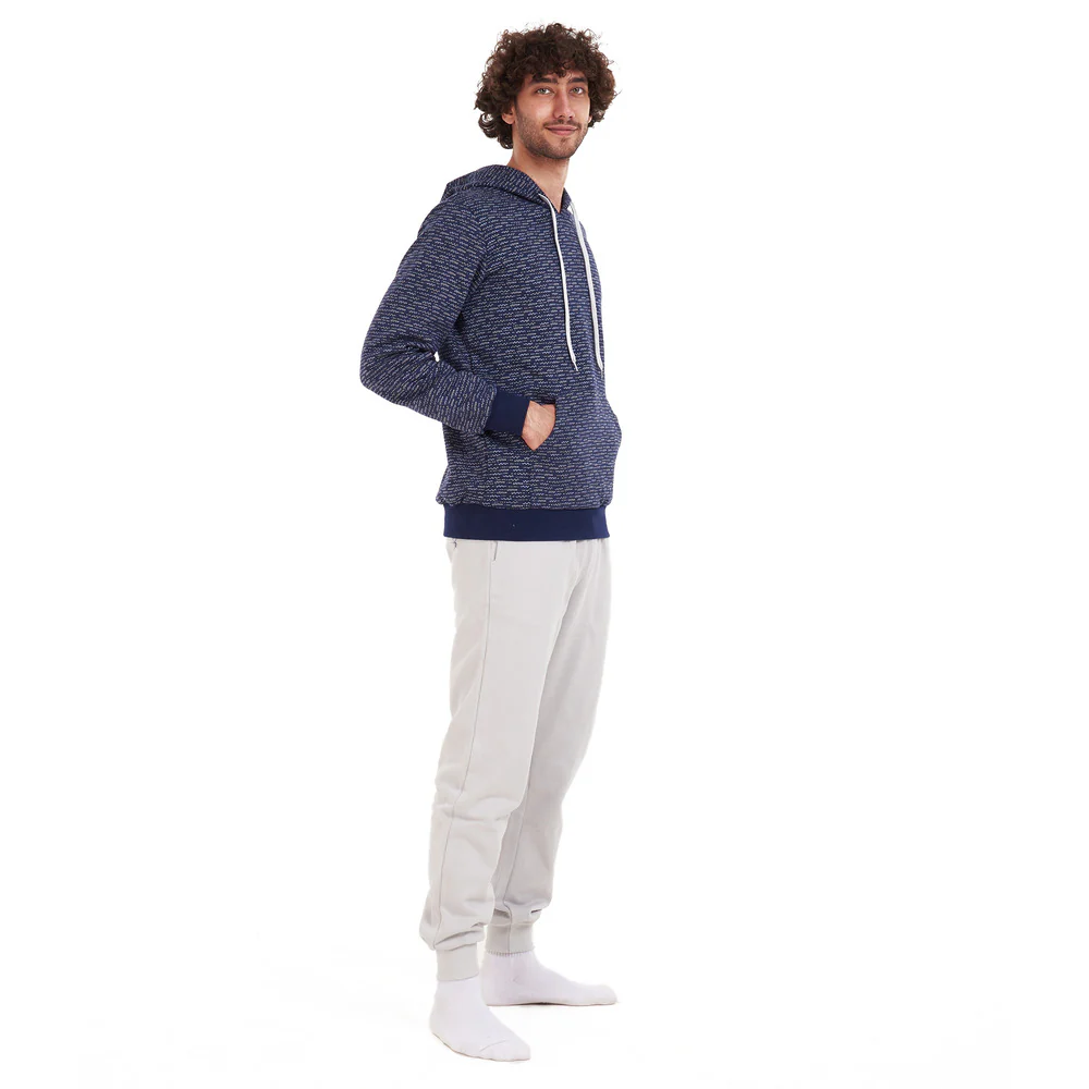 Men Winter Pajama Set Dark Blue Doodle Sweatshirt + Light Grey Pants - Image 2