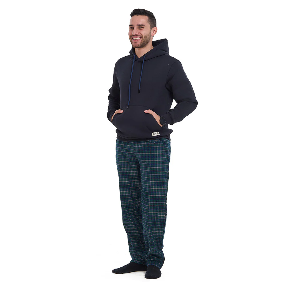 Men Winter Pajama Set Dark Blue Hoodie + Dark Blue x Green Checkered Pants - Image 2