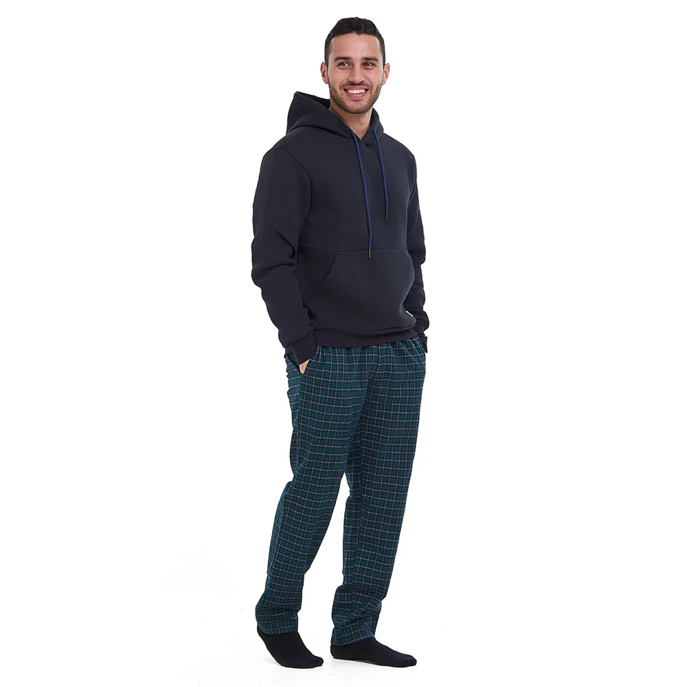 Men Winter Pajama Set Dark Blue Hoodie + Dark Blue x Green Checkered Pants - Image 3