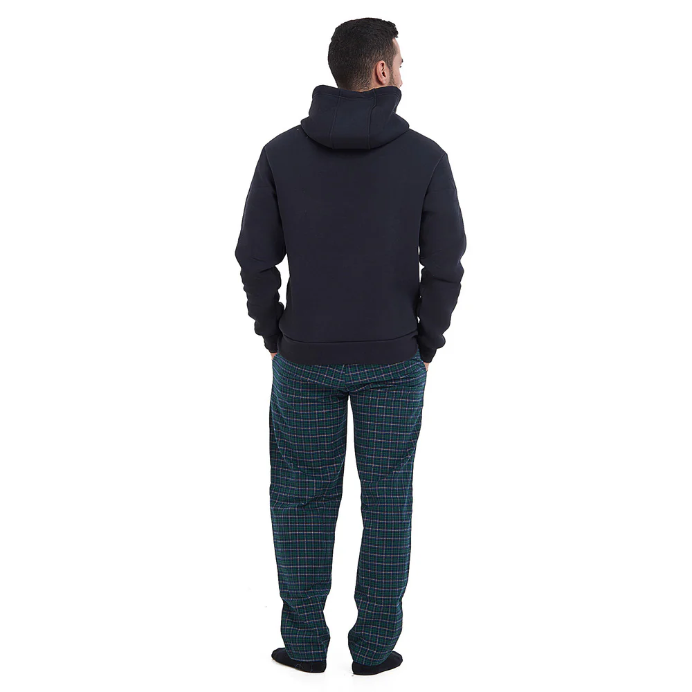 Men Winter Pajama Set Dark Blue Hoodie + Dark Blue x Green Checkered Pants - Image 4