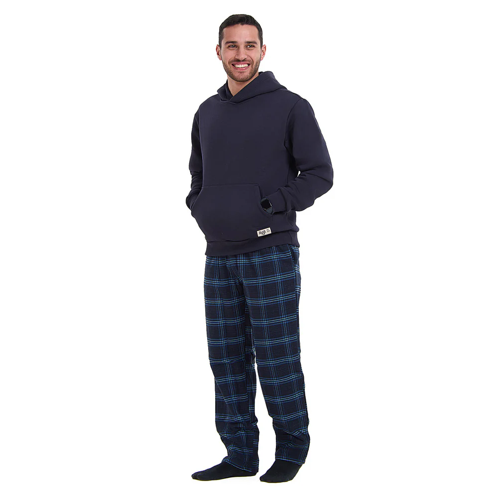 Men Winter Pajama Set Dark Blue Hoodie + Dark blue x Light blue Checkered Pants - Image 2