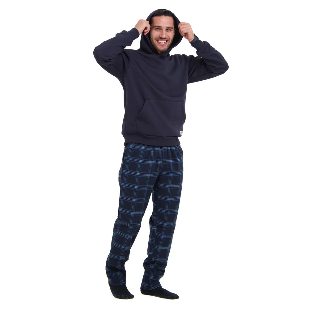 Men Winter Pajama Set Dark Blue Hoodie + Dark blue x Light blue Checkered Pants - Image 3