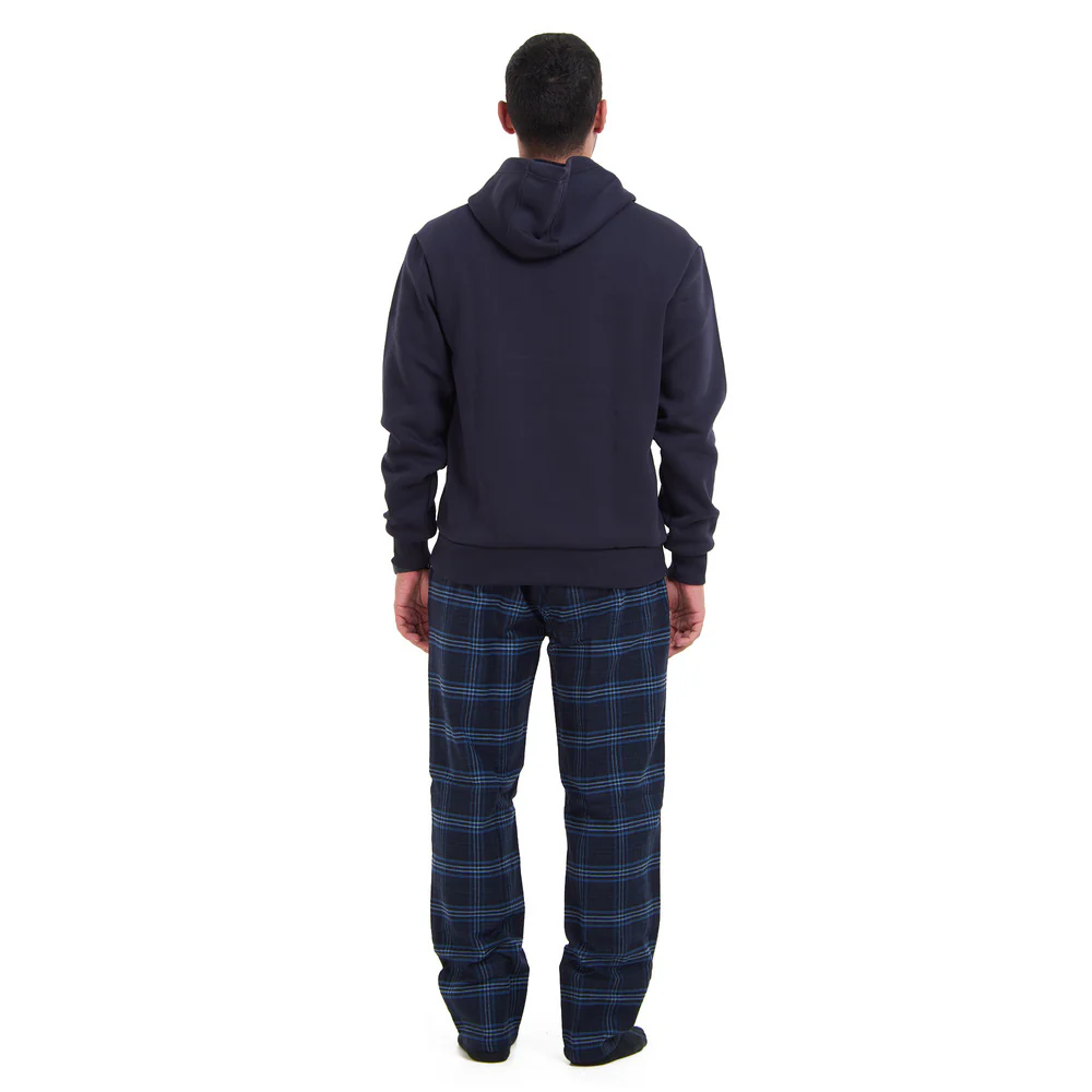 Men Winter Pajama Set Dark Blue Hoodie + Dark blue x Light blue Checkered Pants - Image 5
