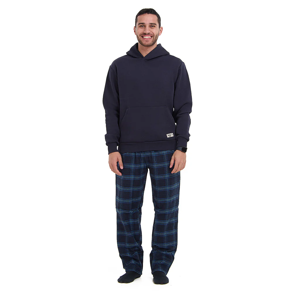 Men Winter Pajama Set Dark Blue Hoodie + Dark blue x Light blue Checkered Pants - Image 6