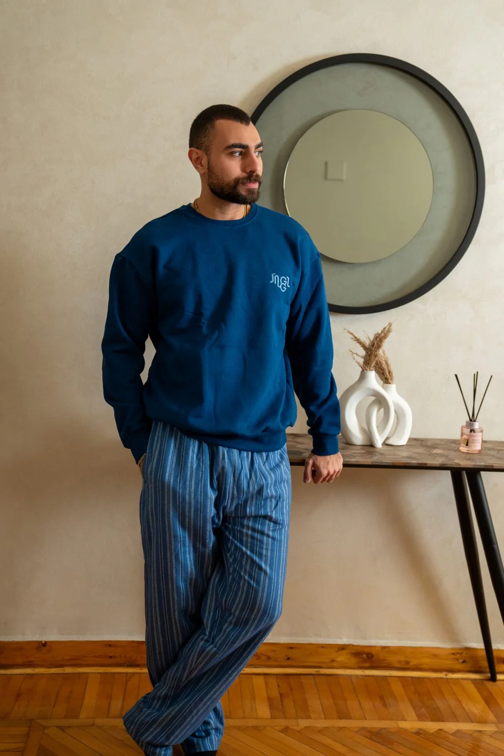 Men Winter Pajama Set Dark Blue Top  + Dark Blue X Light Blue Striped Pants - Image 2
