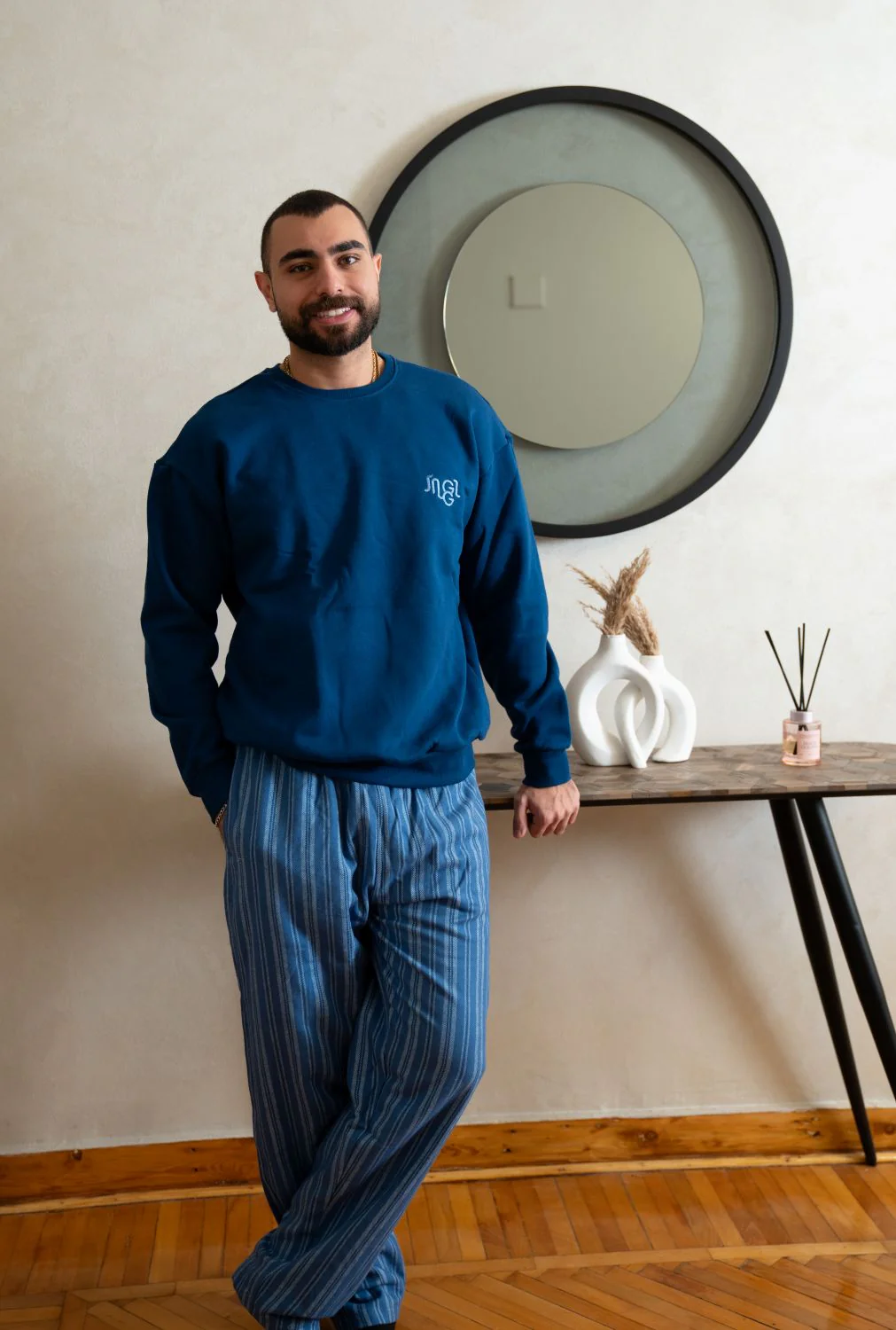 Men Winter Pajama Set Dark Blue Top  + Dark Blue X Light Blue Striped Pants - Image 3