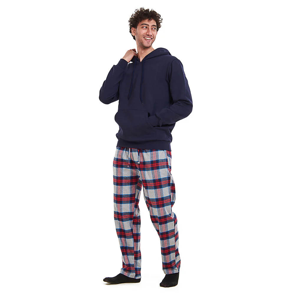 Men Winter Pajama Set Dark blue Hoodie + Red x Dark blue Checkered Pants - Image 2