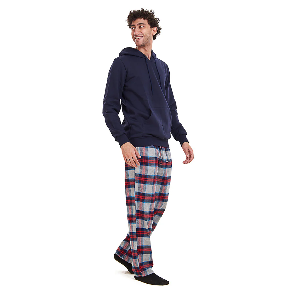 Men Winter Pajama Set Dark blue Hoodie + Red x Dark blue Checkered Pants - Image 3