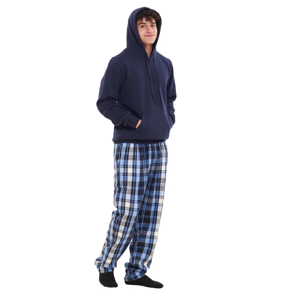 Men Winter Pajama Set Dark Blue Hoodie + Light Blue x Dark Blue Checkered Pants - Image 2