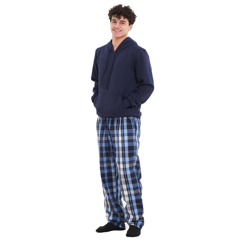 Men Winter Pajama Set Dark Blue Hoodie + Light Blue x Dark Blue Checkered Pants - Image 3