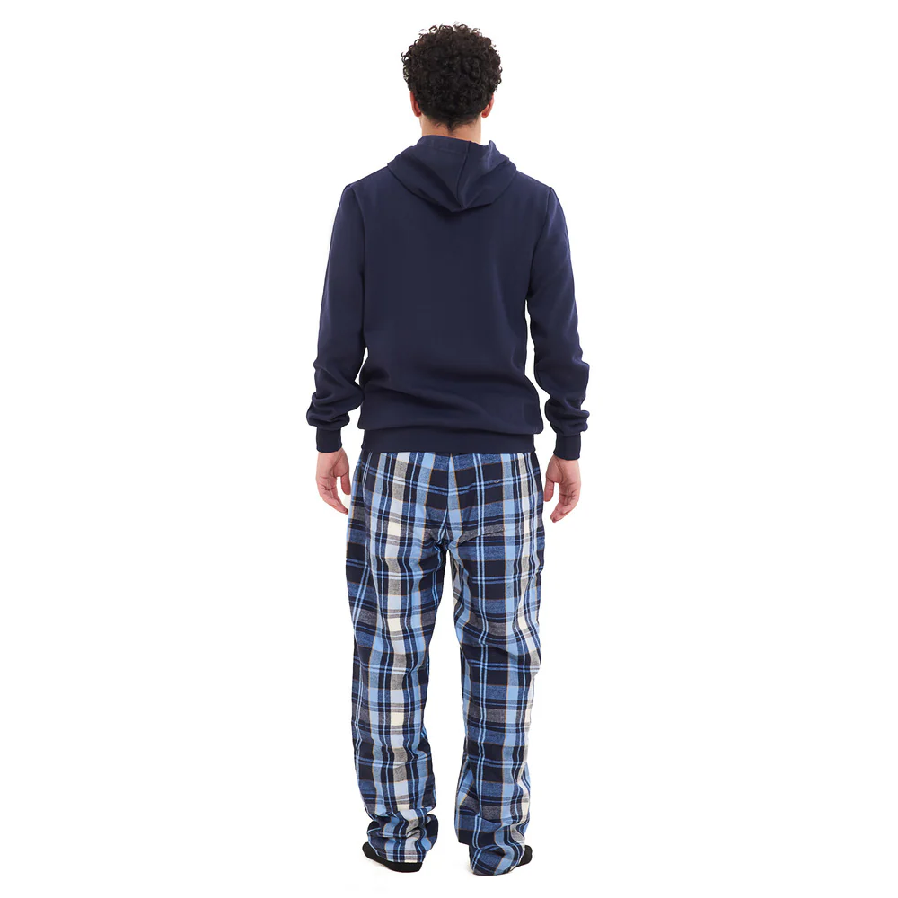 Men Winter Pajama Set Dark Blue Hoodie + Light Blue x Dark Blue Checkered Pants - Image 4
