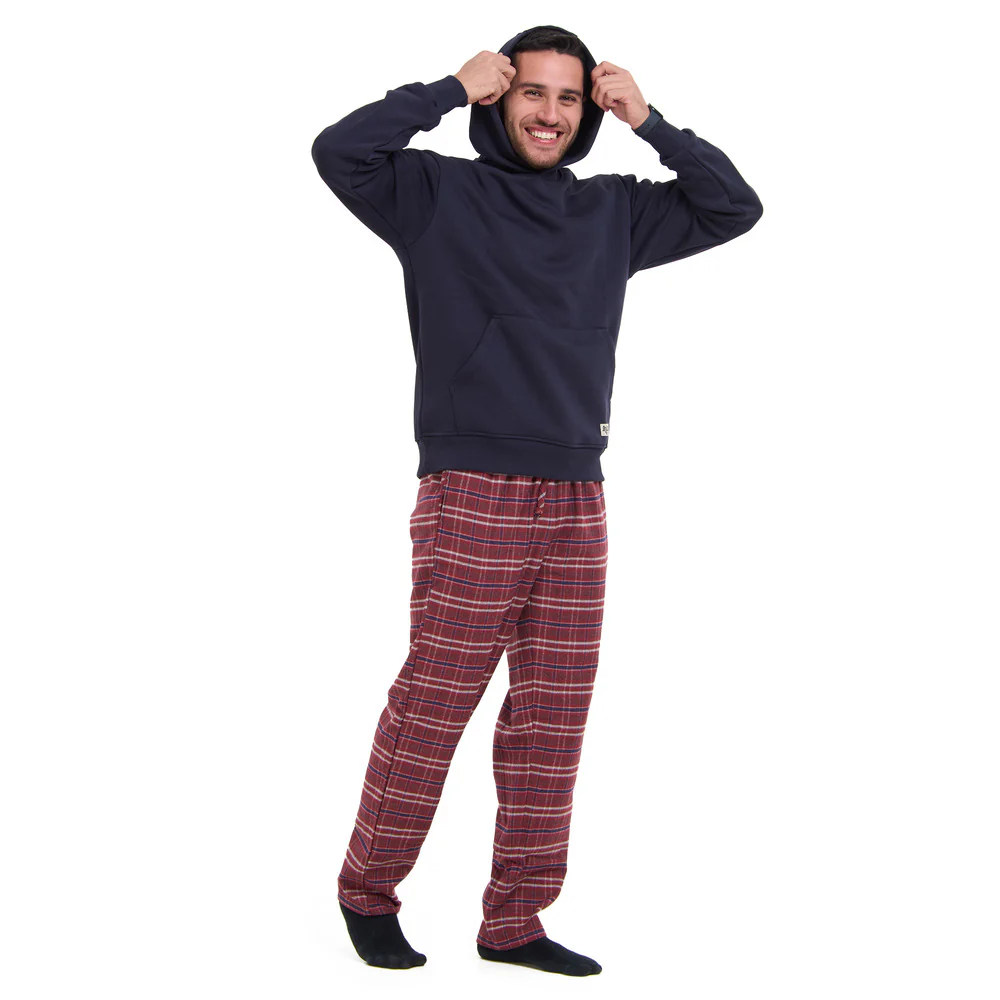 Men Winter Pajama Set Dark blue Hoodie + Red x Blue Checkered Pants - Image 2
