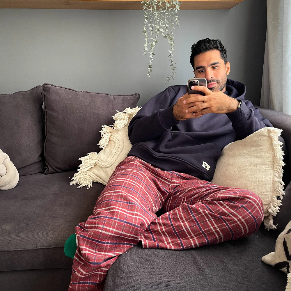 Men Winter Pajama Set Dark blue Hoodie + Red x Blue Checkered Pants - Image 4