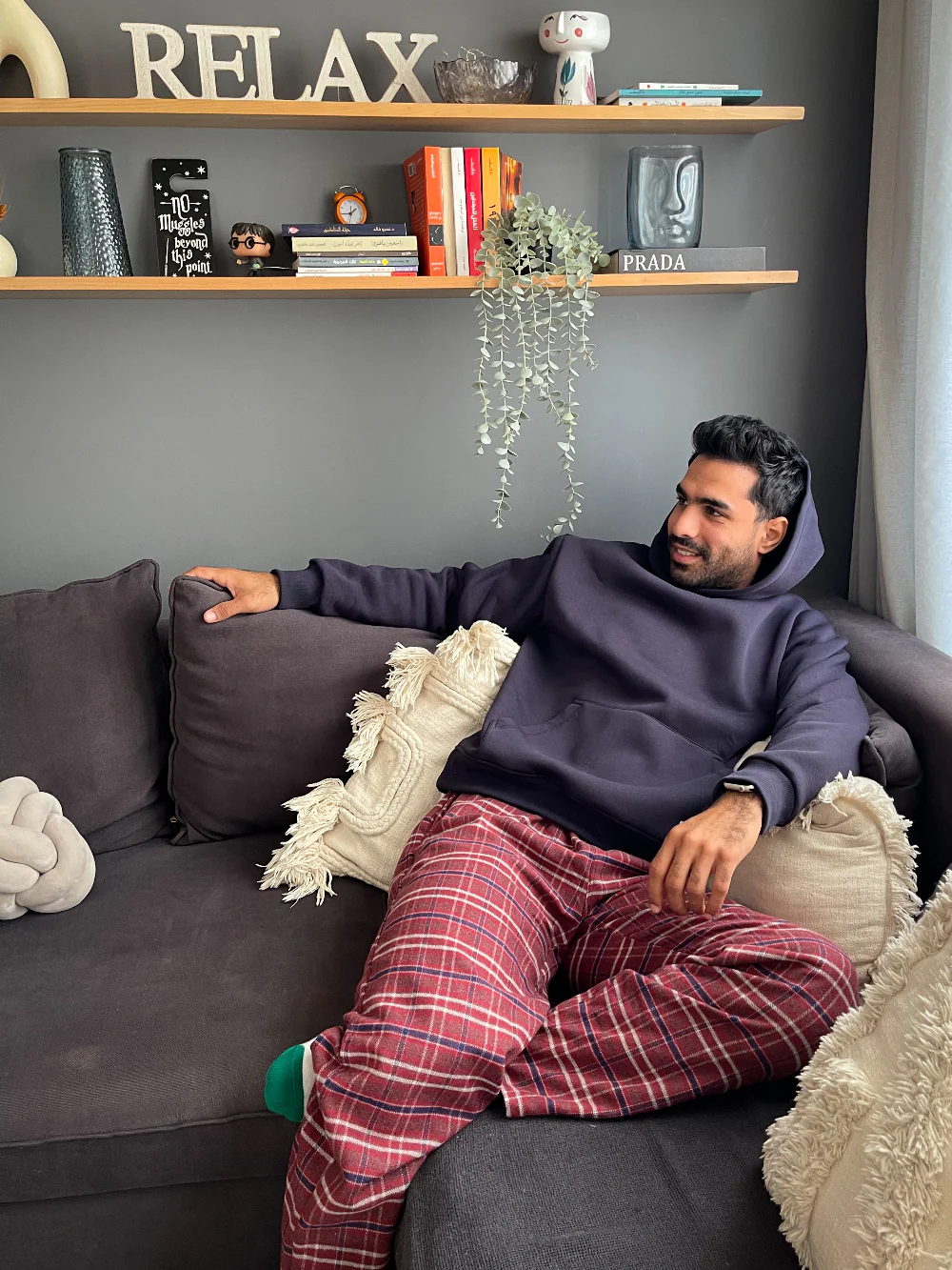 Men Winter Pajama Set Dark blue Hoodie + Red x Blue Checkered Pants - Image 5