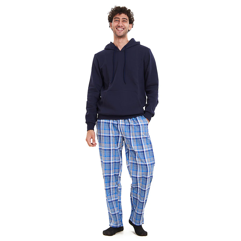 Men Winter Pajama Set Dark blue Hoodie + Grey x Dark blue Checkered Pants