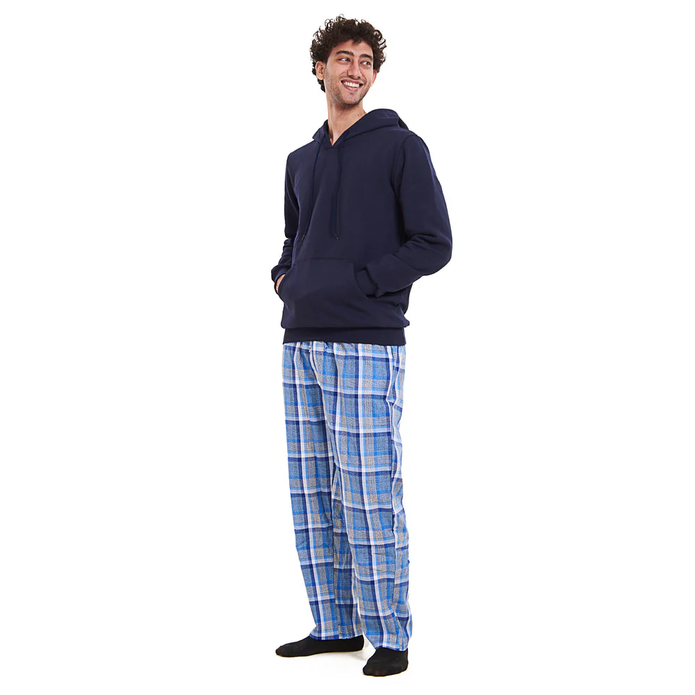 Men Winter Pajama Set Dark blue Hoodie + Grey x Dark blue Checkered Pants - Image 2