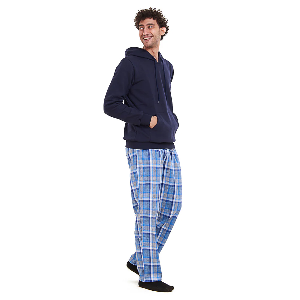 Men Winter Pajama Set Dark blue Hoodie + Grey x Dark blue Checkered Pants - Image 3