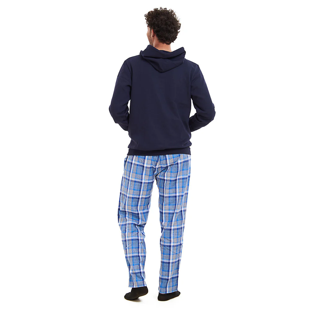 Men Winter Pajama Set Dark blue Hoodie + Grey x Dark blue Checkered Pants - Image 4