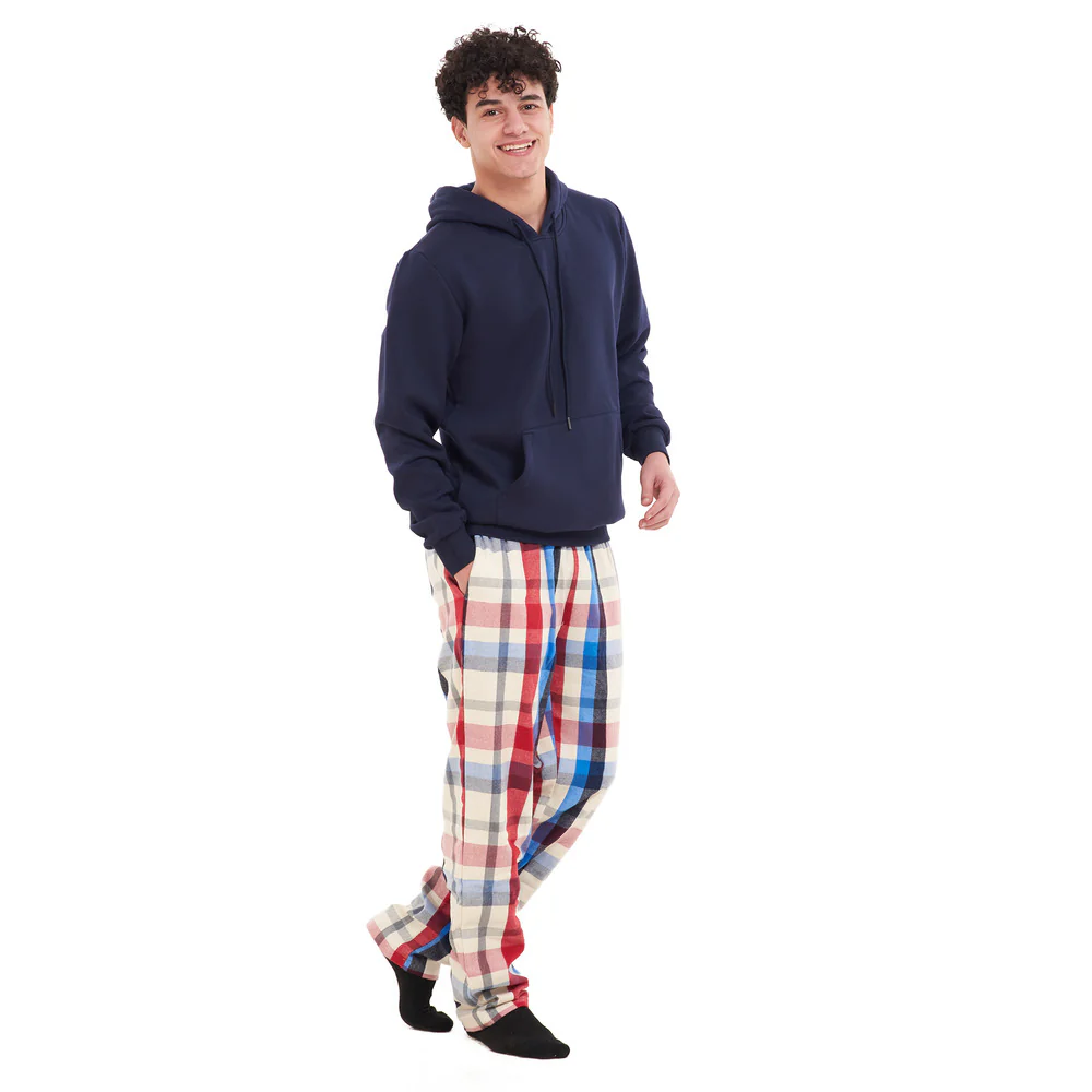 Men Winter Pajama Set Dark Blue Hoodie + Red x White Checkered Pants - Image 2